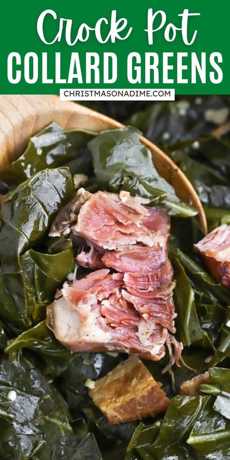 If you are looking for an easy homemade side dish this holiday season, make Crock Pot Collard Greens. Easy to make and loaded with smoky ham flavor. Combining the bacon, bacon grease and ham makes this recipe so delicious. The collard greens cook soft and tender with so much flavor. #christmasonadime #crockpotcollardgreens #collardgreens #holidaysidedish Crock Pot Collard Greens, Crockpot Collard Greens, Easy Collard Greens Recipe, Collard Greens With Bacon, Collard Greens Recipe, Easy Side Dish, Holiday Side Dishes, Bacon Grease, Ham Recipes