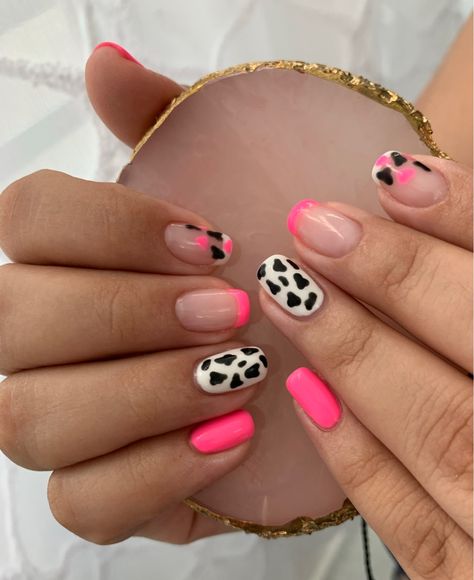 Pink cow print nails Hot Pink Cow Print, Pink Cow Print Nails, Cow Print Nails, Pink Cow Print, Neon Green Nails, Western Nails, Country Nails, Nails Trend, Cow Nails