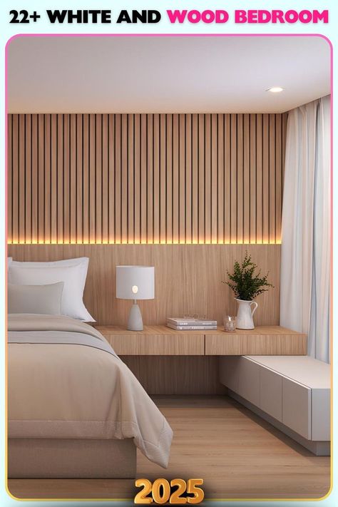 Linear wood paneling and hidden lighting lend modern sophistication to this white and wood bedroom. Low-profile furniture and clean lines complete the sleek, timeless design. White And Wood Bedroom Ideas, White And Wood Bedroom, Wood Bedroom Ideas, Hidden Lighting, Sleep Sanctuary, Wood Designs, Wood Bedroom, Wood Design, Wood Paneling