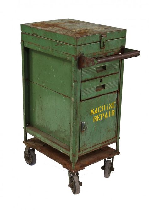 late 1940's all original american industrial green painted ford factory mobile supply cart with yellow stenciled lettering - Ford assembly plant, Detroit Industrial Decor Projects, Industrial Interior Kitchen, Industrial Green, Cleveland Art, Vintage Industrial Design, Industrial Style Decor, Vintage Industrial Decor, Industrial Bedroom, Industrial Design Furniture