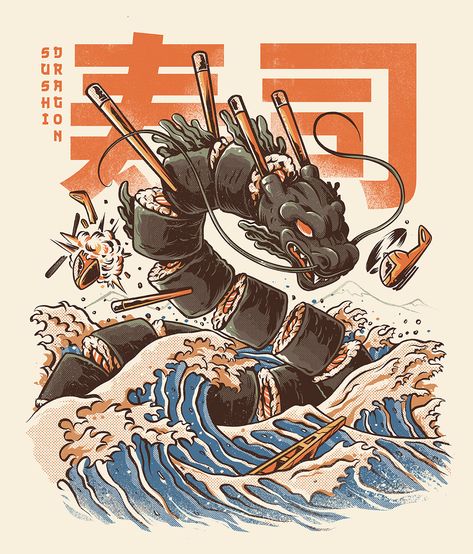 The Great Sushi Dragon on Behance Sushi Dragon, Dragon Tshirt, Japanese Pop Art, Japan Illustration, Japanese Illustration, Japon Illustration, Japanese Graphic Design, Japanese Poster, Art Japonais