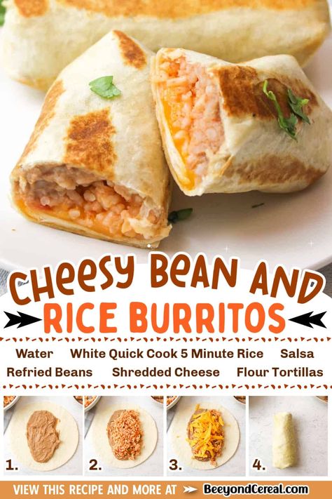 Cheesy Beans And Rice Burrito, Meals To Make With Beans, Rice And Beans Burrito Recipe, Spanish Rice Burrito, Burritos For Freezing, Vegan Bean And Cheese Burrito, Dinner Ideas With Refried Beans, Beef N Bean Burritos, Chicken Bean Rice Burrito