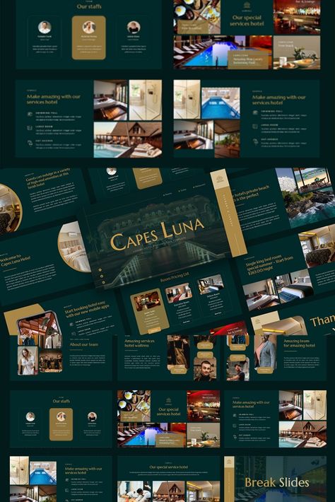 Capes Luna - Luxury Hotel Google Slides Template Luxurious Presentation Layout, Luxury Hotel Social Media Design, Resort Brochure Design Layout, Hotel Ppt Template, Luxury Hotel Brochure, Hotel Bifold Brochure, Best Western Hotel, Documents Design, Resort Design