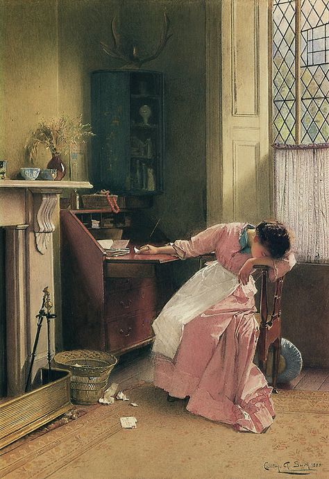 'Recalling the Past" (1888). Carlton Alfred Smith (British, 1853-1946). Watercolour on paper.  Smith was a genre painter and watercolourist. He frequently painted cottage interiors that conveyed a romantic image of domestic life at the end of the 19th Century. Smith created a quality of light synonymous with strong sunshine. Fabian Perez, Jack Vettriano, Alex Colville, Audrey Kawasaki, Romantic Images, Art Ancien, Henri Rousseau, Women In Art, Tableau Art