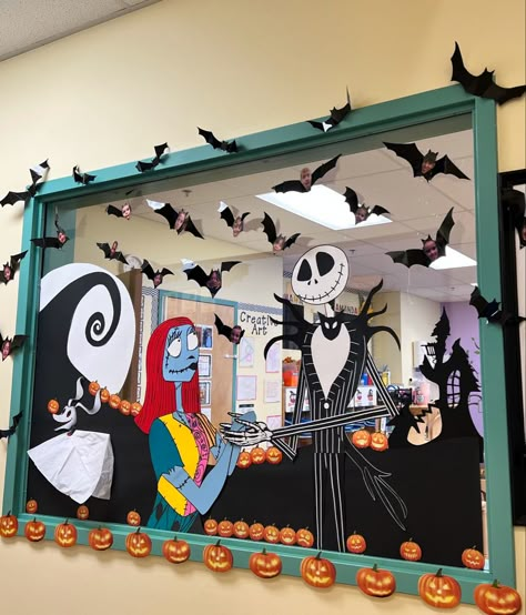 Classroom Halloween Window Idea Halloween Disney Window Decorations, Tim Burton Classroom Theme, Halloween Window Decorations Classroom, The Nightmare Before Christmas Classroom Door, Nightmare Before Christmas Door Ideas, Halloween Window Drawing, Nightmare Before Christmas Classroom, Halloween Window Painting Ideas, Diy Halloween Window Decorations