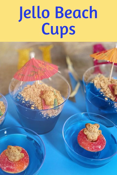 These Beach Jello Cups would be perfect for a luau or pool party. Find the easy to make recipe and step-by-step instructions by clicking website link below. Jello Beach Cups For Kids, Under The Sea Jello Cups, Beach Jello Cups, Hawaiian Theme Snacks, Luau Snacks For Kids, Luau Food Ideas For Kids, Luau Dessert Ideas, Hawaiian Snacks For Party, Luau Party Food For Kids