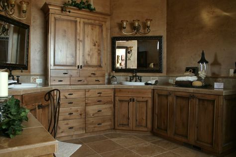 Knotty Alder with glaze_Master Bathroom | Tree City Woodwork… | Flickr Natural Knotty Alder Kitchen Cabinets, Alder Kitchen Cabinets Stains, Knotty Alder Kitchen Cabinets Stains, Knotty Alder Bathroom, Natural Alder Cabinets, Alder Cabinets Kitchen, Knotty Alder Kitchen Cabinets, Hacienda Bathroom, Install Cabinets