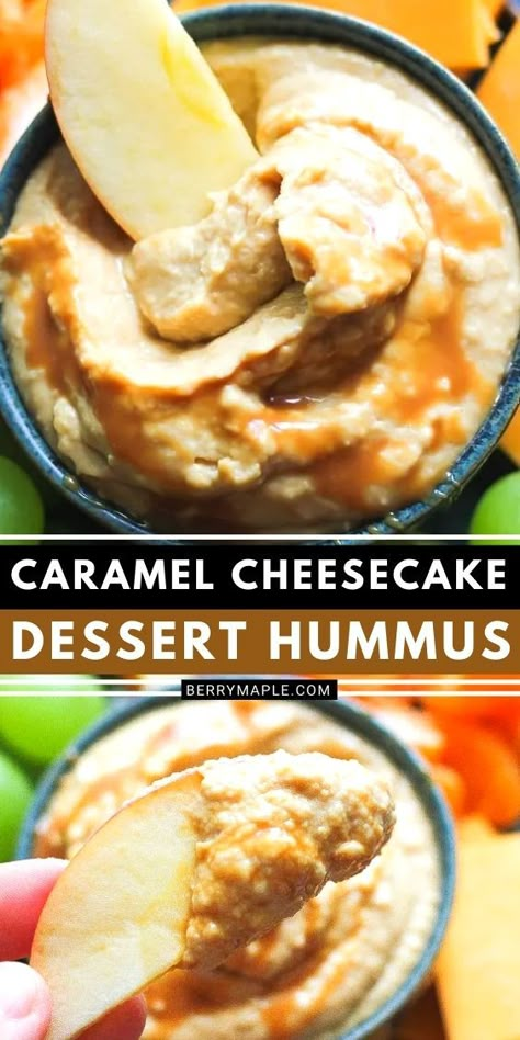 Dessert Hummus Dippers, Salted Caramel Hummus, Sweet Hummus Recipe, Garbanzo Recipes, Flavored Hummus, Dessert Hummus Recipe, Macros Meals, Delicate Desserts, Recipe Hummus