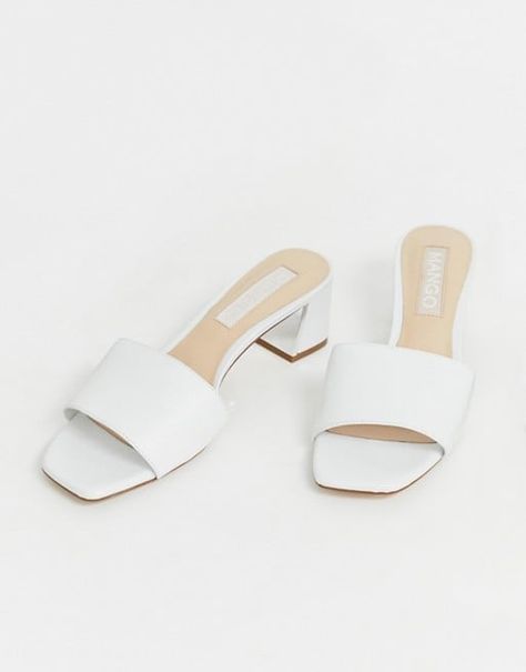 Mango Kitten Heel Mules in White White Mules Heels, Mules Shoes Heels, Shoes Fashion Photography, Dream Reality, White Mules, Shoes Heels Classy, Open Toe Slippers, White Sandals Heels, Heel Mules