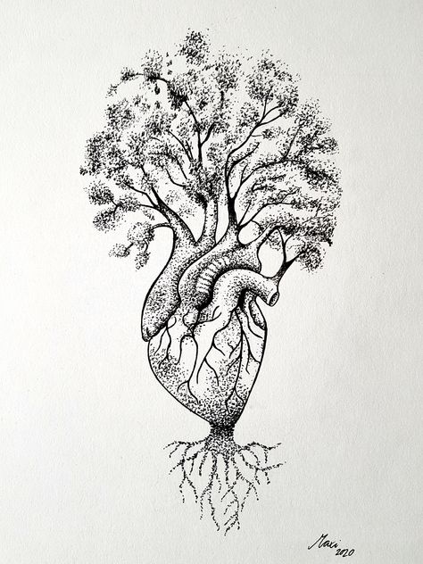 Tree Of Life Heart Tattoo, Nature Loving Tattoos, World In Your Hands Tattoo, Heart Pointillism, Heart Tree Drawing, Heart Tree Tattoo, Tree Heart Tattoo, Tree Of Life Drawing, Heart And Soul Tattoo