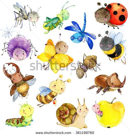 Funny insects collection. Watercolor Cartoon insect. Wasp, bee, bumblebee, butterfly, worm, caterpillar, beetle, ladybug, grasshopper, mosquito, dragonfly, spider, snail, ant. watercolor drawing Watercolor Cartoon, Animals Tattoo, Insect Collection, Watercolor Drawing, Drawing Tutorials, Painting Illustration, Ants, Image Illustration, Wonders Of The World