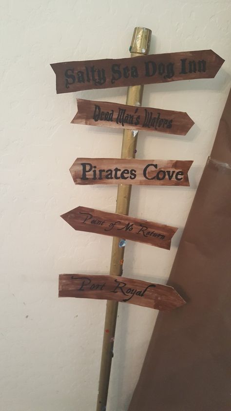 Pirate Theme Decorations Classroom, Captain Hook Party Decorations, Pirate Signs Wood Diy, Pirate Display Board, Pirate Birthday Party Decorations Diy, Pirate Bar Decor, Diy Pirate Decor, Pirate Theme Vbs, Pirate Signs Diy