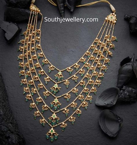 Pearl polki panchlada necklace - Indian Jewellery Designs Panchlada Necklace, Durga Jewellery, Telugu Jewellery, Gold Earrings Studs Simple, Layered Jewellery, Pearl Strings, Ruby Necklace Designs, Latest Indian Jewellery, 22 Carat Gold Jewellery