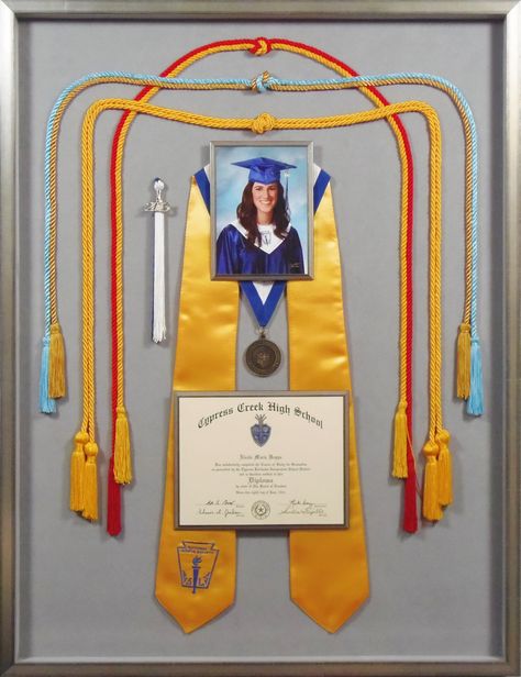 High School graduation shadowbox with diploma, sash, ropes, honor medal, tassel, and senior photo. Navy Deployment, Graduation Regalia, Graduation Cords, Diploma Display, Graduation Display, Deployment Party, Shadow Box Graduation, Graduation Party Pictures, Graduation Box