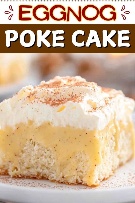 This eggnog poke cake is rich, creamy, and full of festive flavor. The eggnog pudding seeps into the cake, creating a moist and indulgent dessert. Eggnog Poke Cake Recipe, Eggnog Dump Cake Recipe, Espresso Poke Cake Pioneer Woman, Pioneer Woman Espresso Poke Cake, Xmas Poke Cake, Egg Nog Poke Cake Holidays, Eggnog Poke Cake 12 Tomatoes, Eggnog Sheet Cake, Recipe Ideas Sweet