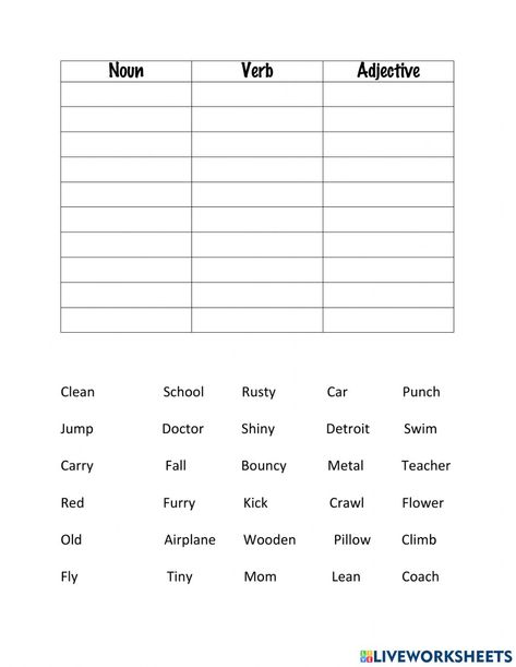 Verb Adjective Noun Worksheet, Adjectives And Nouns Worksheet, Nouns Verbs Adjectives Worksheet, Ged Worksheets, Noun Verb Adjective, Live Worksheet, Nouns And Verbs Worksheets, Adjectives Grammar, Adjectives Worksheet