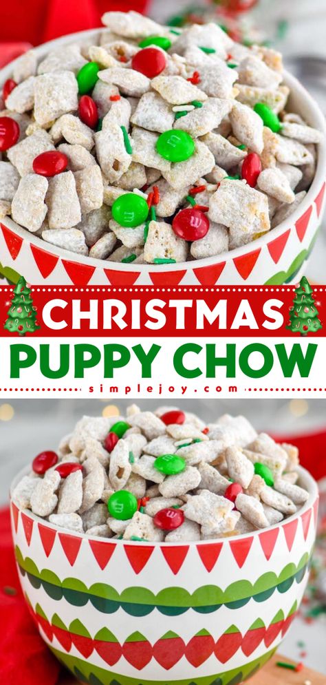 Looking for the best Christmas treat idea? This Christmas Puppy Chow is going to be your new favorite spin on Muddy Buddies. So easy to make and extra festive, this fun dessert makes a great addition to your Christmas treat box! Holiday Puppy Chow, Christmas Puppy Chow, Puppy Chow Ingredients, Santa Chocolate, Christmas Snack Mix, Puppy Chow Christmas, Reindeer Chow, Chex Mix Christmas, Chex Mix Puppy Chow