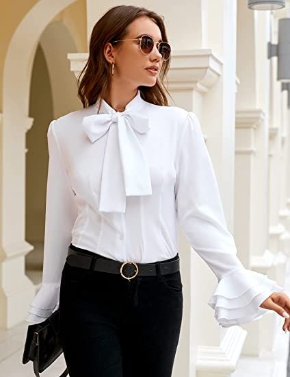 Zeagoo Women Casual Blouses Bow Tie Neck Shirts Ruffle Long Sleeve Button-Down Tunic Office Work Tops at Amazon Women’s Clothing store White Blouse With Bow Outfit, Tie Shirt Outfit, White Blouse With Bow, Bow Tie Shirt, Tie Neck Shirt, Fancy Shirt, Casual Blouse Shirts, Casual Blouses, White Bow Tie