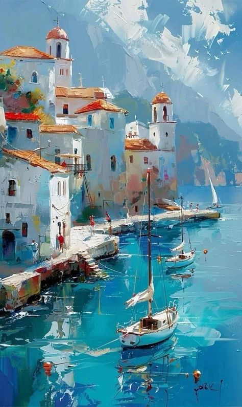 Greece Painting, Oil Painting Gallery, Need To, Oil Pastel Art, Landscape Art Painting, Art Gallery Wallpaper, Sea Painting, Nature Art Painting, Paint Art