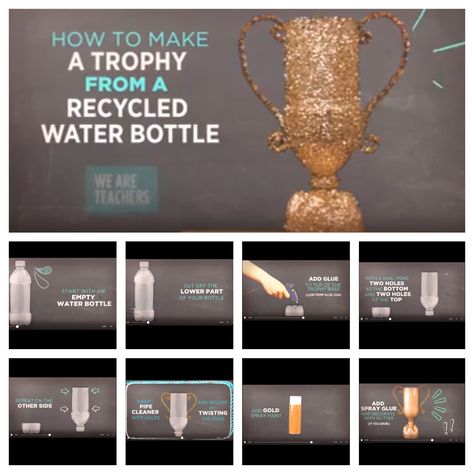 How to make a trophy from a recycled bottle from Pepsi Co Recycling and We Are Teachers How To Make A Trophy, How To Make A Trophy Diy, Beer Olympics Trophy Diy, Diy World Cup Trophy, Trophy Recycle Ideas, Pepsi Gift Ideas, Cornhole Trophy Diy, Diy Cornhole, Cornhole Tournament