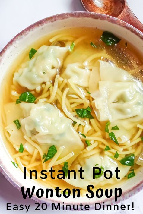 This easy Instant Pot Wonton Soup is ready in less than 20 minutes and is a fantastic family friendly busy weeknight. It uses hearty and simple ingredients all tossed into the pressure cooker and cooked while you wait. This kid-friendly soup is so satisfying it can be served as the main course!  #instantpotrecipes #instantpotsoups #wontonsoup #asianinspiredmeals #easydinnerideas #kidfriendlyrecipes Instant Pot Wonton Soup, Easy Wonton Soup With Frozen Wontons, Pot Sticker Soup, Wonton Soup Easy, Easy Wonton Soup, Instapot Recipes Chicken, Wonton Soup Recipe, 20 Minute Dinners, Pot Recipes Healthy