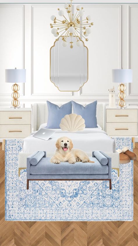 🦋 Blue And Gold Bedroom, Surf Room Decor, Coastal Room Decor, Chic Bedroom Decor, Dorm Room Inspiration, Simple Room, Preppy Room, Cute Bedroom Decor, Redecorate Bedroom