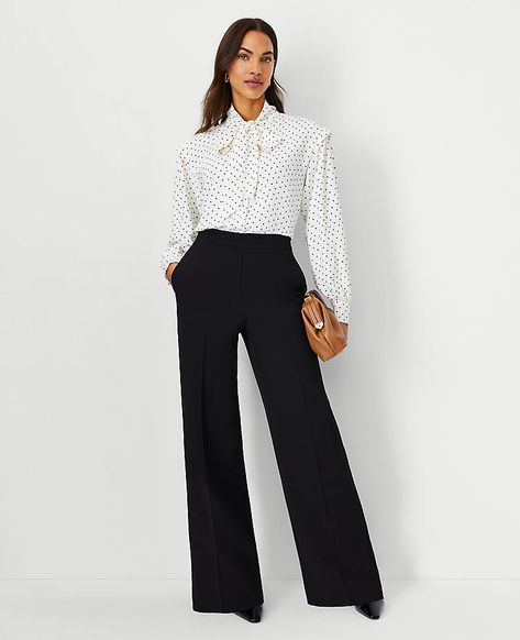 The Wide Leg Pant in Fluid Crepe Women's Pants Suits, Wide Legged Black Pants, Chic Executive Outfits Women, Women’s Black Dress Pants, Blue And Black Work Outfit, Womens Pantsuit Business, Elegant Womens Outfits, Wide Leg Slacks Outfit Business Casual, Pant Outfits For Women Dressy Night Out