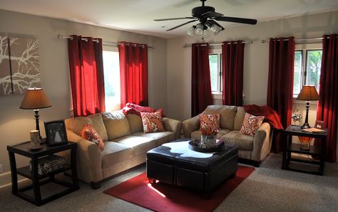 LIVING ROOM: Tan, Red, Black... Tan And Red Living Room, Living Room Decor Red, Tan Decor, Tan Living Room, Red Living Room, Brown Living Room Decor, Red Living, Family Room Makeover, Living Room Red