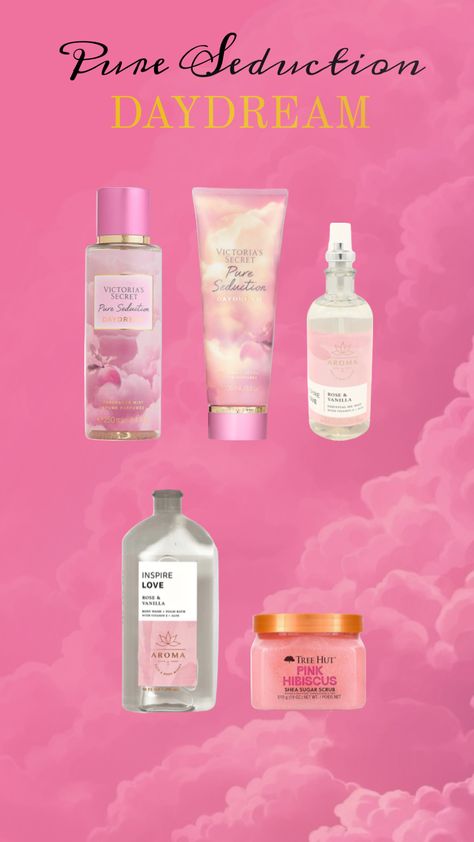 Pure Seduction Daydream Scent Combo #victoriassecret #bathandbodyworks #treehut #pureseduction #pureseductiondaydream #treehutpinkhibiscus #rosevanilla #rosevanillaaromatherapy Pure Seduction, Tree Hut, Love Rose, Sugar Scrub, Hibiscus, Victoria's Secret, Pure Products