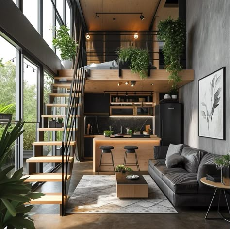 Small Industrial House, Lofts Pequenos, Loft Type House, Loft Apartment Bedroom, Loft Houses, Building A Wooden House, Loft Apartments, Loft House Design, Mini Loft