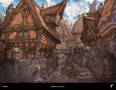 ArtStation - Medieval street, Gautier Filliard Dnd Concept, Medieval Street, Village Drawing, Medieval France, Fantasy Scenery, Fantasy Village, Drawing Architecture, Fantasy Town, Perspective Drawing Architecture