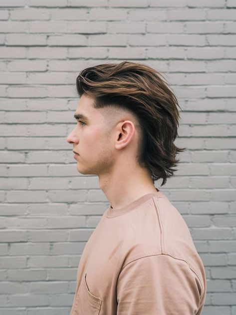 Modern Side Part Men, Modern Mullet Long Hair Men, Tapered Fade Mullet, Mullet For Men Straight Hair, Taper Mullet Straight Hair, Modern Mullet With Beard, Long Hair Faded Sides Men, Mullet Hairstyle Mens Wavy, Haircut Mullet Man