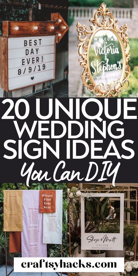 If you want to have beautiful and personal wedding signs at your dream wedding you will love these creative DIY wedding sign ideas. These brilliant DIY wedding decor ideas will give you inspiration for your own wedding decorations. #Wedding #DIY 2023 Wedding Signs, Wedding Reception Signs Diy, Diy Sign Wedding, Last Name Wedding Signs Diy, Creative Wedding Decor Ideas, Wedding Shower For Elopement, Wedding Sign Boards Entrance, Diy Signs Wedding, Personal Wedding Decor