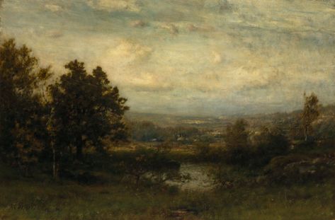 "Landscape in the Adirondacks," Alexander Helwig Wyant, ca. 1885-86, oil on canvas, 20 1/4 x 30 1/4", private collection. The Adirondacks, American Painting, Spring Painting, Lake Landscape, Landscape Drawings, Vintage Landscape, Mountain Paintings, Vintage Oil Painting, Romantic Art