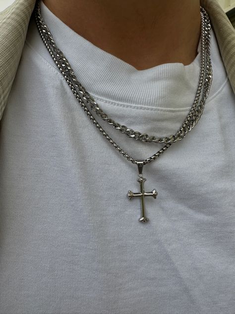 Streetwear Necklace Men, Male Jewelry Aesthetic, Chain Cross Necklace, Male Necklace, Cross Necklace For Men, Edgy Jewelry, Steel Cross, Religious Cross, Cross Chain