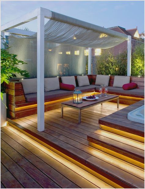 Lighting. Deck Lighting Ideas Outdoor, Hot Tub Decorating Ideas, Jacuzzi Deck, Hardscape Materials, Deck Lighting Ideas, Composite Decking Designs, Design Per Patio, Terrasse Design, Small Terrace