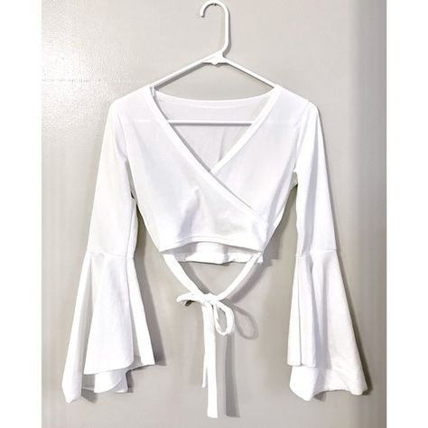 White, longsleeve crop top w/ tie front,flowy sleeves, no brand, deep v-neck S/M Flowy Sleeve Top, Loose Crop Top, Anime Outfit, Flowy Sleeves, Anime Outfits, No Brand, Deep V Neck, Deep V, Sleeve Top