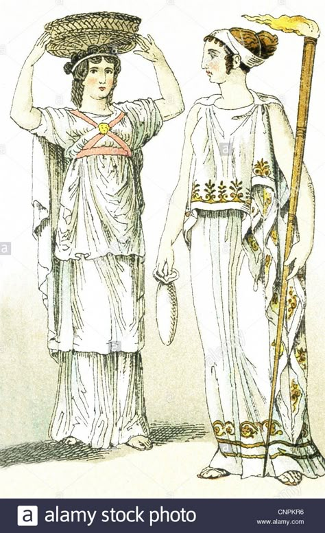 Download this stock image: The ancient Greeks represented here are a female basket-bearer at a sacrificial festival and a priestess of Ceres. - CNPKR6 from Alamy's library of millions of high resolution stock photos, illustrations and vectors. Ancient Greek Priestess, Ancient Greek Clothing Woman, Greek Priestess, Ancient Greek Fashion, Greek Inspired Dress, Greek Clothes, Ancient Greek Dress, Ancient Greece Fashion, Greece Costume