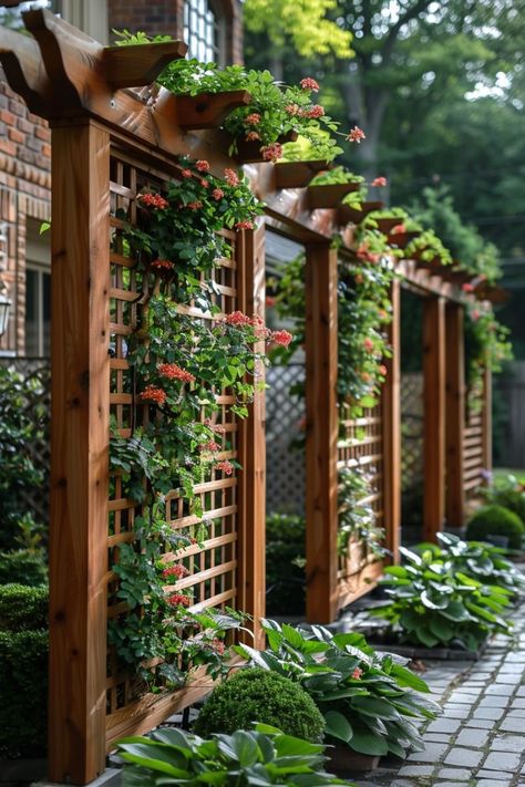 Place lanterns or solar-powered lights along pathways or near seating areas for a warm glow. Trellis Ideas For Privacy, Trellis Ideas Garden, Outdoor Trellis Ideas, Wooden Garden Trellis, Arbor Trellis, Big Leaf Plants, Greenhouse Nursery, Garden Trellis Ideas, Trellis Fence