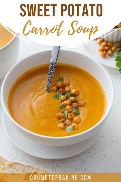 Sweet Potato And Carrot Soup, Potato And Carrot Soup, Potato Carrot Soup, Sweet Potato And Carrot, Sweet Potato Carrot Soup, Sweet Potato Carrot, Soup With Coconut Milk, Sweet Potato Soup Recipes, Cheesy Potato Soup