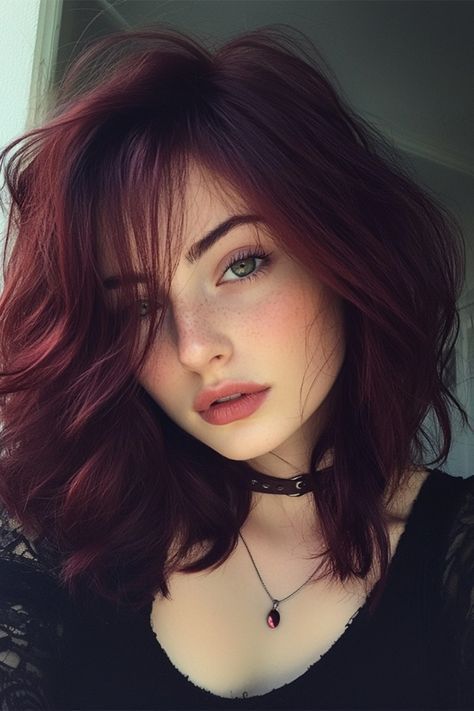 Dark Wine Hair Color Burgundy, Long Burgundy Hair With Bangs, Dark Red Hair Almost Black, Red Hair With Shadow Root Dark, Dark Deep Red Hair Color, Wine Hair Color Burgundy With Highlights, Burgundy Hair Bangs, Burgundy Wine Hair Color, Short Dark Red Hair Burgundy