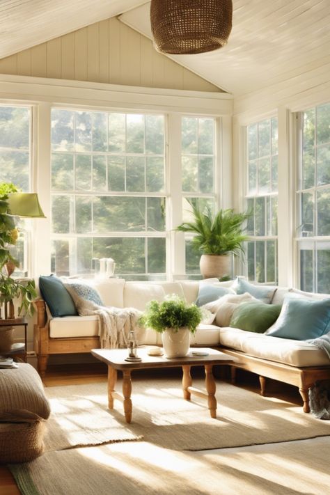 Bright, cozy living room with large windows, a corner sofa, and green plants. Sun Room Small Apartment, Relaxing Sunroom Ideas, Sunroom Furniture Ideas, Modern Sunroom Ideas, Sunroom Layout, Sunroom Decorating Ideas, Small Sunroom Ideas, Modern Sunroom, Conservatory Decor