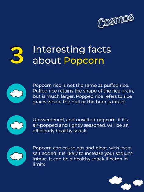 3 Interesting facts about Popcorn Popcorn Benefits, Popcorn Popping, Sodium Intake, Puffed Rice, Rice Grain, Snack Time, Healthy Foods To Eat, Interesting Facts, Facts About