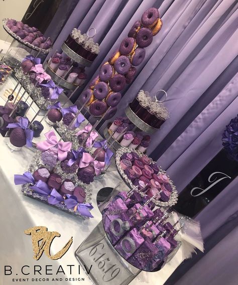 Purple Black And Gold Dessert Table, Purple Quince Dessert Table, 50 Shades Of Purple Birthday Party Ideas, Purple Party Desserts, 50 Shades Of Purple Party, Purple And Gold Treat Table, Purple Wedding Dessert Table, Lilac Desert Table, Shades Of Purple Decorations