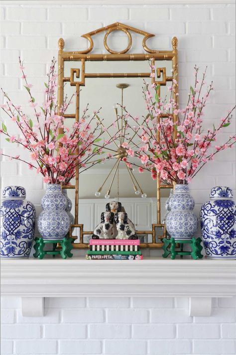 Accent Wall With Wallpaper, Wall With Wallpaper, Chinoiserie Interior, Spring Mantle Decor, Dimples And Tangles, Spring Mantle, Chinoiserie Decorating, Bright Decor, White Ginger Jars