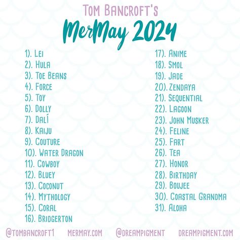 MerMay 2024 Art Challenge on Instagram - Dream Pigment Mermay 2024, Abs Art, Oc Creator, Prompt List, 2024 Art, Mermaid Images, Mermaid Artwork, Mermaid Illustration, Art Challenges