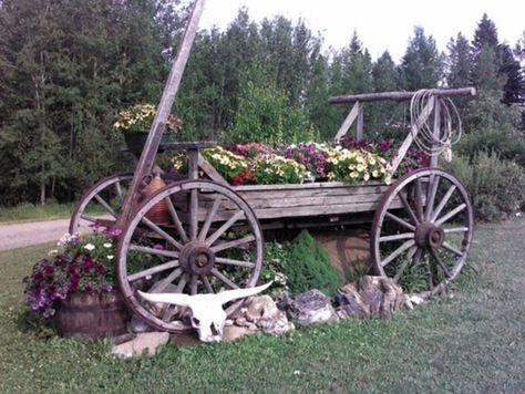 Does your yard need a major update? It's time to start making plans for getting the yard and outdoor areas looking good again.  Use old saddles, wa... Wagon Ideas, Antique Wagon, Garden Wagon, Old Wagons, Wooden Wagon, Western Landscape, Garden Junk, Shop Layout, Garden Yard Ideas