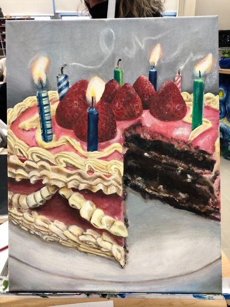 Paintings Of Cakes, Birthday Candle Painting, Cake Slice Painting, Slice Of Cake Drawing, Cake Oil Painting, Birthday Cake Painting, Sweets Painting, Birthday Cake Art, Glow In The Dark Art