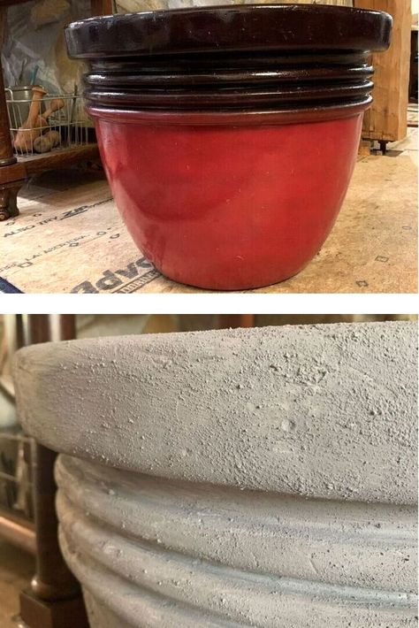 Diy Cheap Planters, Diy Plastic Pots For Plants, Diy Planter Pots Creative Ideas, Repainting Planters Pots, Planter Hacks, Painting Outdoor Planters, Diy Outdoor Pots & Planters, Concrete Planter Ideas, Plastic Pots Makeover