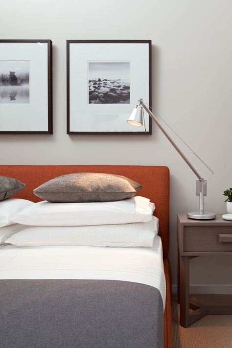 White Pillows Bedroom, Luxurious Penthouse Interior, Orange Headboard, Masculine Room, Pillows Bedroom, Penthouse Design, Coco Republic, Penthouse Apartment, Contemporary Bedroom